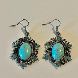 Antique Silver Turquoise Earrings Drop Dangle Fishhook Back Blue Rhinestones